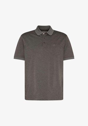 Dunkelgraues Poloshirt mit kurzen Ärmeln, Dreiknopfleiste, kontrastierendem Kragen und Manschetten sowie einer Brusttasche mit dezentem Logo-Stick.