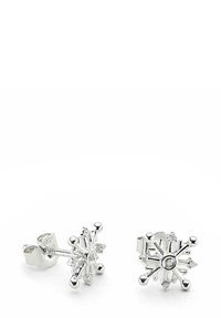 Hopeakylkiset lumihiutaleen näköiset korvakorut, joissa on keskellä kirkas kivi; ne esittävät säteileviä kuvioita ja kiillotettuja pintoja. Perhosilukot turvallista käyttöä varten.