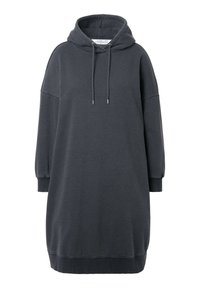 Pullover-Kleid in Dunkelgrau aus weichem Stoff. Verfügt über eine Kapuze, einen Tunnelzug und einen lockeren Schnitt mit gerippten Bündchen und Saum.