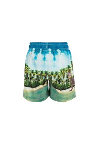 Badetights fremstillet af letvægtsstoffer med en blå elastisk talje. Har et tropisk strandmotiv med palmer og en dinosaurgrafik.