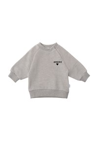 Hellgrauer Sweatshirt, weiches Material, lässige Passform, Raglanärmel, gerippte Bündchen und Saum, mit schwarzem "AMORE"-Text und Herzdesign.