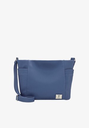 Blue crossbody bag made from textured fabric. Features two side pockets, an adjustable strap, and a rectangular logo patch.