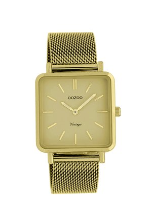 Montre rectangulaire en or avec un bracelet en maille. Le cadran minimaliste présente des index et des aiguilles dorés. Le nom de la marque "OOZOO" est affiché en bas.