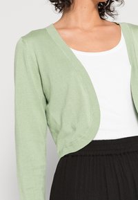 Vaaleanvihreä lyhennetty neuletakki pehmeällä tekstuurilla, V-aukkoinen ja avoin edestä. Päällä valkoinen paita ja ribbikuvioiset mustat housut.