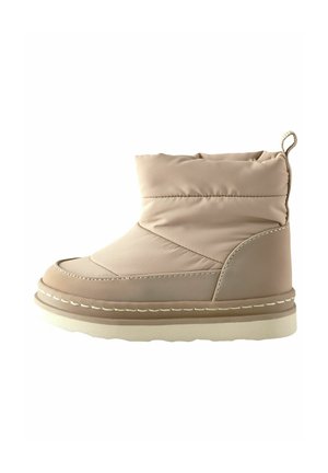 Beige Ankle Boots mit einem gepolsterten Obermaterial, glattem synthetischem Material und einer dicken weißen Sohle, die dekorative Nähte und eine Zuglasche aufweisen.