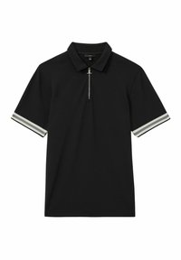 Polo negru cu mânecă scurtă, cu guler cu fermoar și accente albe pe marginea mânecilor. Fabricat dintr-un material texturat.