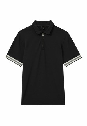 Black polo shirt featuring short sleeves, a zippered collar, and white striped accents on the sleeve hems. Made from textured fabric.