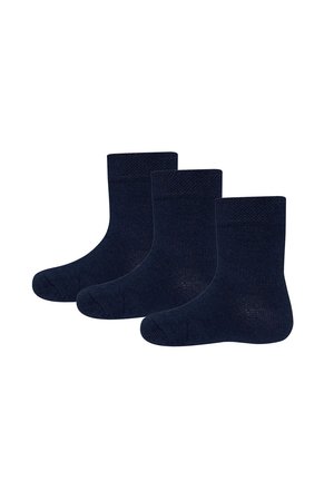 Three pairs of navy blue socks. Made of smooth, stretchy fabric, featuring a ribbed cuff and reinforced toe for durability.