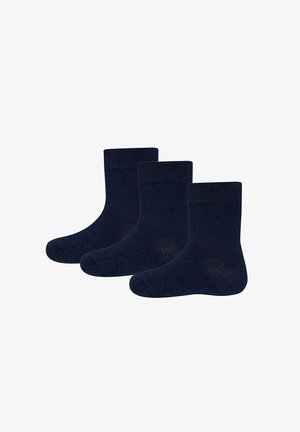 Three pairs of navy blue socks. Made of smooth, stretchy fabric, featuring a ribbed cuff and reinforced toe for durability.