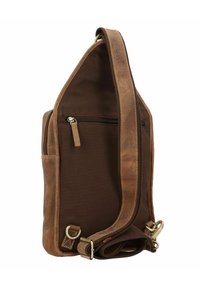 Borsa a tracolla in pelle marrone e tela con una texture liscia, tasca con zip, cuciture in contrasto e tracolla regolabile.