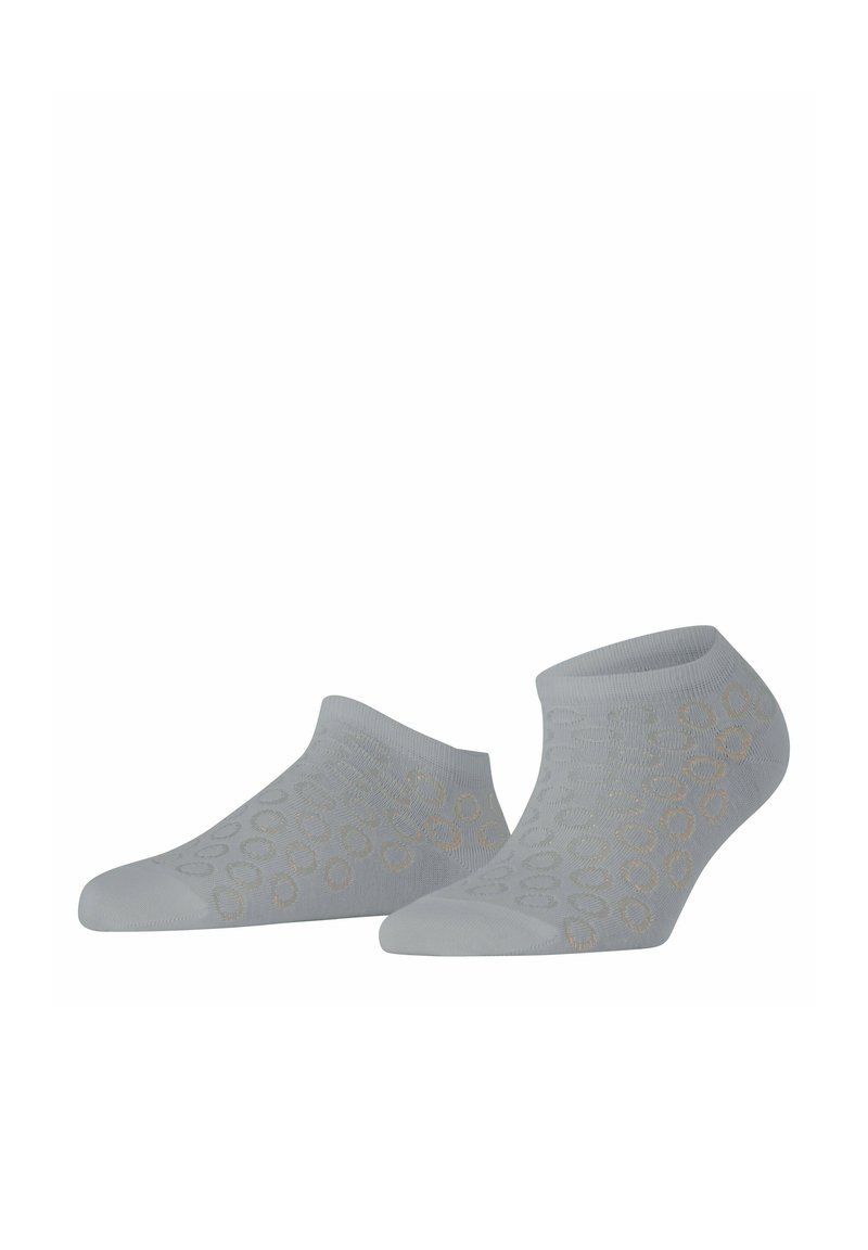 Hellgraue Knöchelsocken mit einem strukturierten Muster aus goldenen Kreisen. Weicher Stoff mit elastischen Bündchen für einen sicheren Sitz. Keine sichtbaren Nähte.