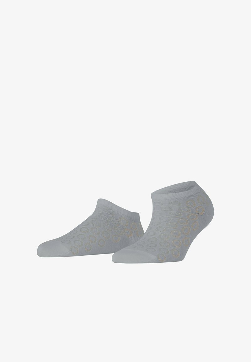 Hellgraue Knöchelsocken mit einem strukturierten Muster aus goldenen Kreisen. Weicher Stoff mit elastischen Bündchen für einen sicheren Sitz. Keine sichtbaren Nähte.