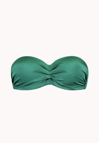 Sujetador de bikini verde tipo bandeau hecho de una tela texturizada, con detalles fruncidos en el centro y bordes lisos. No incluye tirantes.