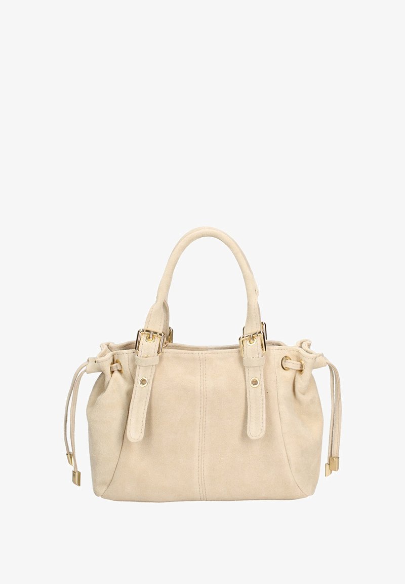 Beige suède handtas met twee bovenste handvatten, gouden hardware accenten en verstelbare zijkoorden voor sluiting. Ronde vorm met gestikte details.