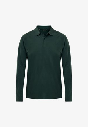 Donkergroene polo met lange mouwen, kraag en twee knopen, eenvoudig ontwerp, normale pasvorm, subtiele merkl logo op de borst.