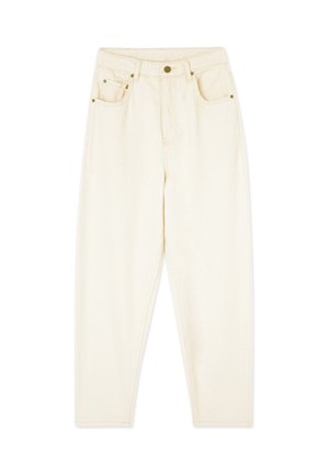 Pantaloni in denim color crema con gamba dritta, due tasche frontali e dettagli in metallo dorato. Texture liscia con un design classico.