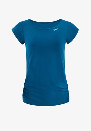 Teal kortärmad T-shirt i mjukt material, med urholkad halsringning och samla detaljer på sidorna för en figurnära silhuett.