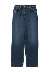 Blå denim jeans med hög midja, rak benstil, fem fickor och subtila blekningar vid låren. Metallknäppning och dragkedja.
