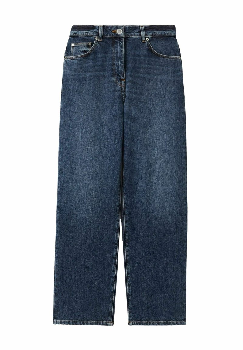Blå denim jeans med hög midja, rak benstil, fem fickor och subtila blekningar vid låren. Metallknäppning och dragkedja.