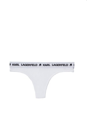Biele tanga nohavičky s čiernym elastickým pásom, na ktorom je text a logo "KARL LAGERFELD". Materiál je hladký a elastický.