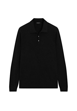Zwarte polo met lange mouwen gemaakt van zachte stof, met een klassieke kraag en een placket met drie knopen. Eenvoudig ontwerp zonder patronen.