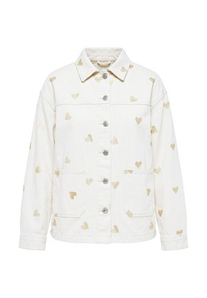 Giacca bianca con bottoni con motivi di cuori dorati, due tasche frontali, maniche lunghe e colletto classico.