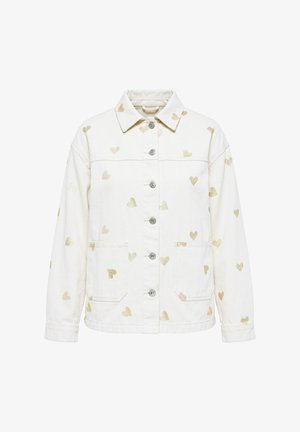 Giacca bianca con bottoni con motivi di cuori dorati, due tasche frontali, maniche lunghe e colletto classico.