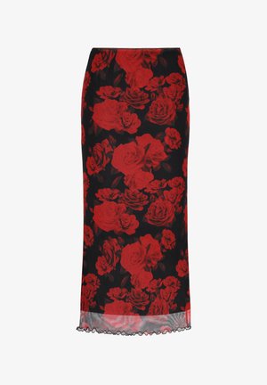 Gonna nera a matita con motivo floreale rosso, caratterizzata da un orlo scallop e una vita elastica. Realizzata in materiale leggero e trasparente.