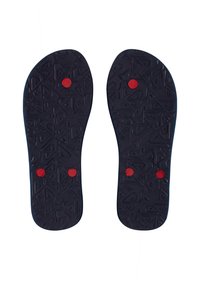 Semelles bleu foncé avec un motif texturé et trois accents circulaires rouges. Fabriquées à partir de matériaux flexibles, conçues pour le confort et le soutien.
