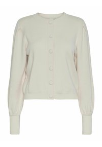 Cárdigan beige claro con puños y dobladillo acanalados, con cuello redondo, cierre de botones en el frente y tejido de textura suave.