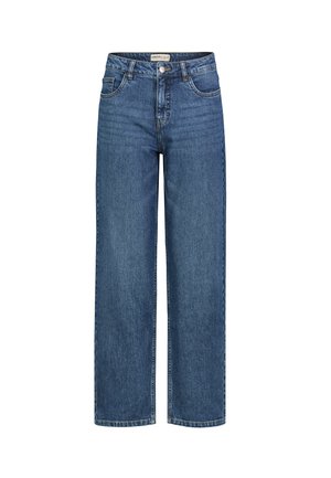 Blue high-waist straight-leg jeans with front button and zipper, belt loops, and front and back pockets against a white background.