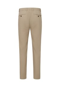 Beige Chinos mit geradem Schnitt, ausgestattet mit zwei Gesäßtaschen und einem dezent strukturierten Stoff. Minimalistisches Design ohne sichtbare Muster.