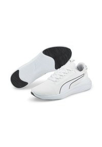 Scarpe sportive bianche con tomaia in mesh, suola nera, design minimalista, dettagli testurizzati e una striscia di accento nera a contrasto.