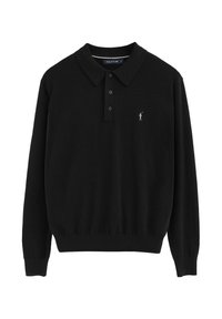 Svart långärmad polo med mjukt tyg, som har krage, tre knappslutningar och en liten broderad logotyp på bröstet.