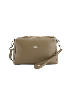 Tan leather crossbody bag with a zip closure, detachable wrist strap, and silver-tone hardware. Features a smooth, textured finish.
