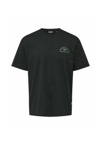 Zwarte katoenen t-shirt met een ronde halslijn, korte mouwen en groene tekst met de opdruk "BEIGEL LANE 24/7 SHOREDITCH" aan de voorkant.