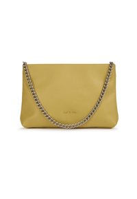 Borsa a mano in pelle gialla con tracolla in catena argentata, caratterizzata da una texture liscia e un design minimalista. Logo impresso sul davanti.