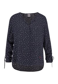 Blusa navy con motivo a stelle in vari colori, caratterizzata da scollatura a v, maniche lunghe con nastri e orlo curvo. Tessuto leggero.