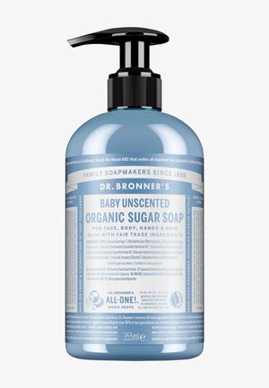 Flacone con pompa di Dr. Bronner’s Baby Unscented Organic Sugar Soap con etichetta blu e dispenser nero, formato 355 ml.