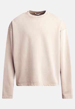 Light beige sweatshirt with a crew neck, long sleeves, and relaxed fit. Smooth fabric with visible stitching along the hem and cuffs.