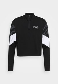 Sudadera corta negra con cremallera y manga larga, que presenta acentos blancos y con patrón en los hombros, y un pequeño logo en el pecho.