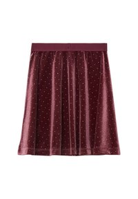 Burgunderrotter Samtrock mit glatter Textur, versehen mit silbernen Punktmustern, einem breiten Bund und einer ausgestellten Form.