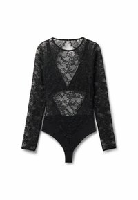 Bodysuit de encaje negro con mangas largas, que presenta un escote en V profundo, patrones florales y un panel inferior negro sólido. Incluye destellos decorativos.