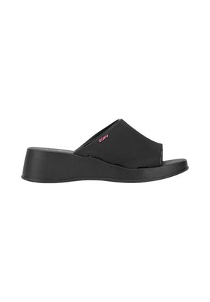 Sandalo zeppa nero slip-on con punta aperta e logo rosa "Zaxy" sul lato.