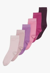 Set von sechs Socken in verschiedenen Rosatönen, einschließlich Hellrosa, Lavendel und Dunkellila. Glatte Textur mit gerippten Bündchen.