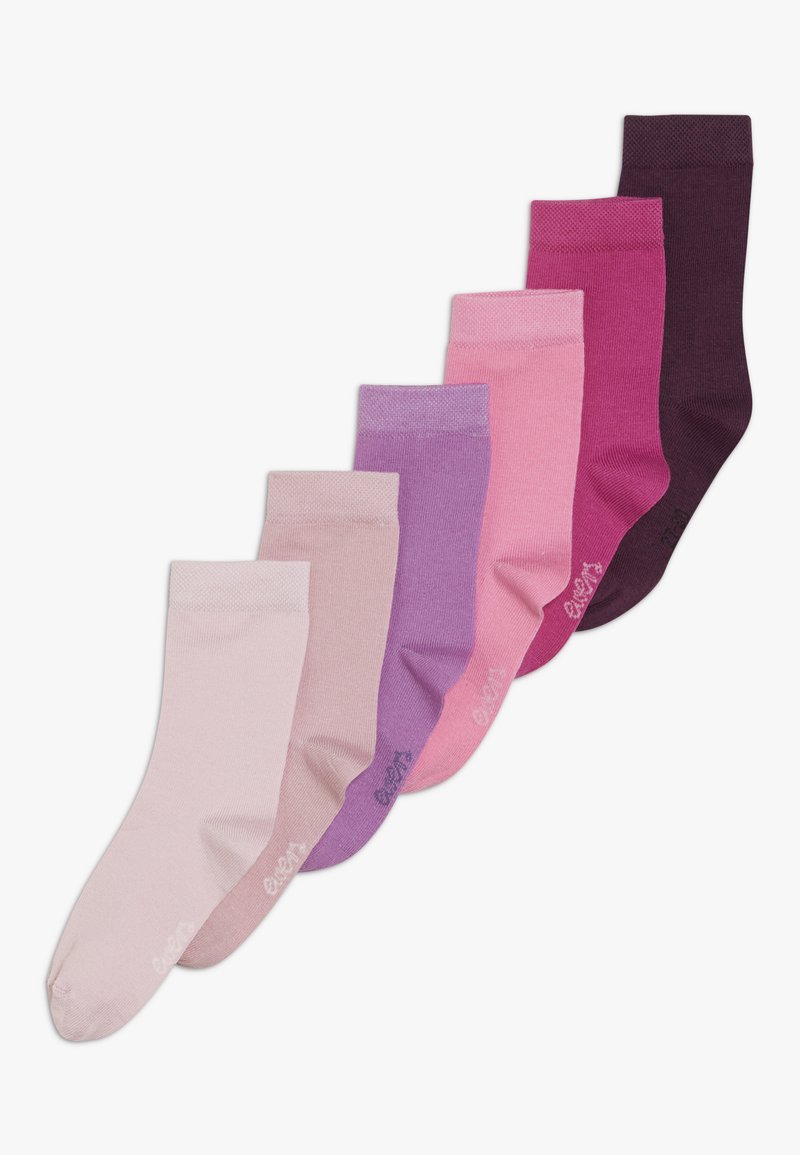 Set von sechs Socken in verschiedenen Rosatönen, einschließlich Hellrosa, Lavendel und Dunkellila. Glatte Textur mit gerippten Bündchen.