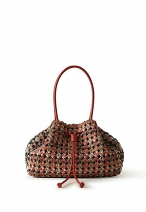 Woven handbag with red and beige leather strips, a drawstring closure, and a single rounded handle.