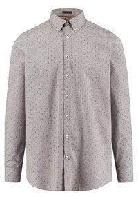 Camicia a maniche lunghe in tessuto beige chiaro con un piccolo motivo geometrico blu, colletto a punta e bottoni bianchi lungo la parte frontale.