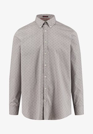 Camicia a maniche lunghe in tessuto beige chiaro con un piccolo motivo geometrico blu, colletto a punta e bottoni bianchi lungo la parte frontale.