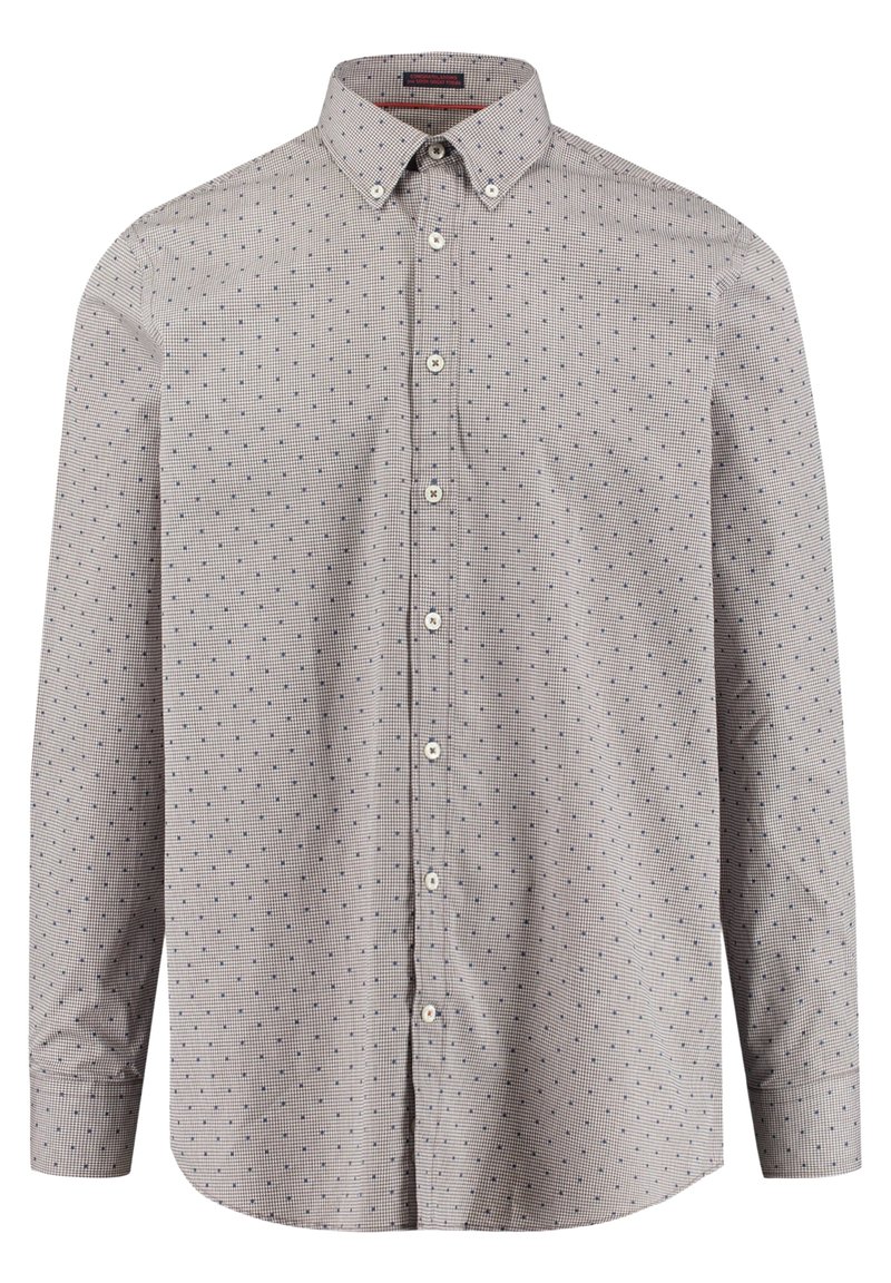 Camicia a maniche lunghe in tessuto beige chiaro con un piccolo motivo geometrico blu, colletto a punta e bottoni bianchi lungo la parte frontale.